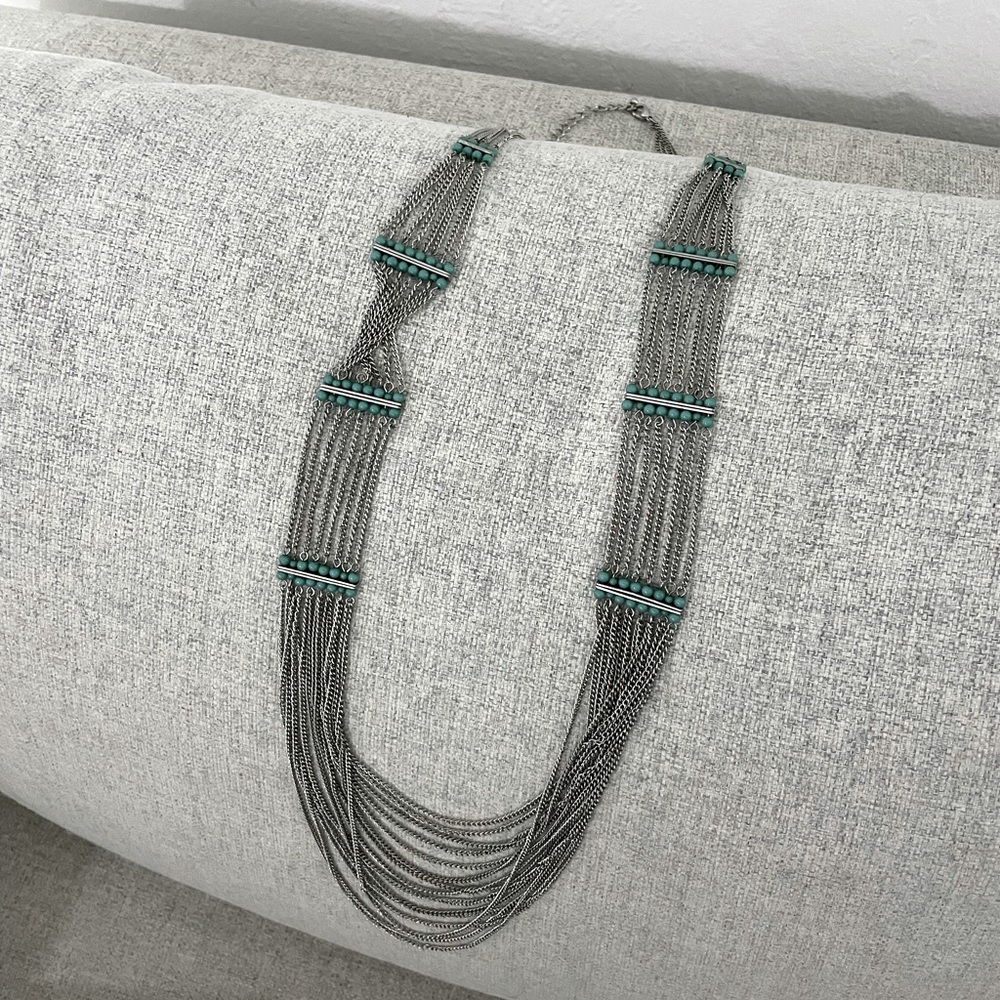 Long silver necklace. Turquoise beads